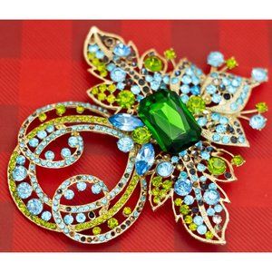 Vintage Art Deco Faux Emerald Gem Multicolor Vibrant Large Brooch - O32